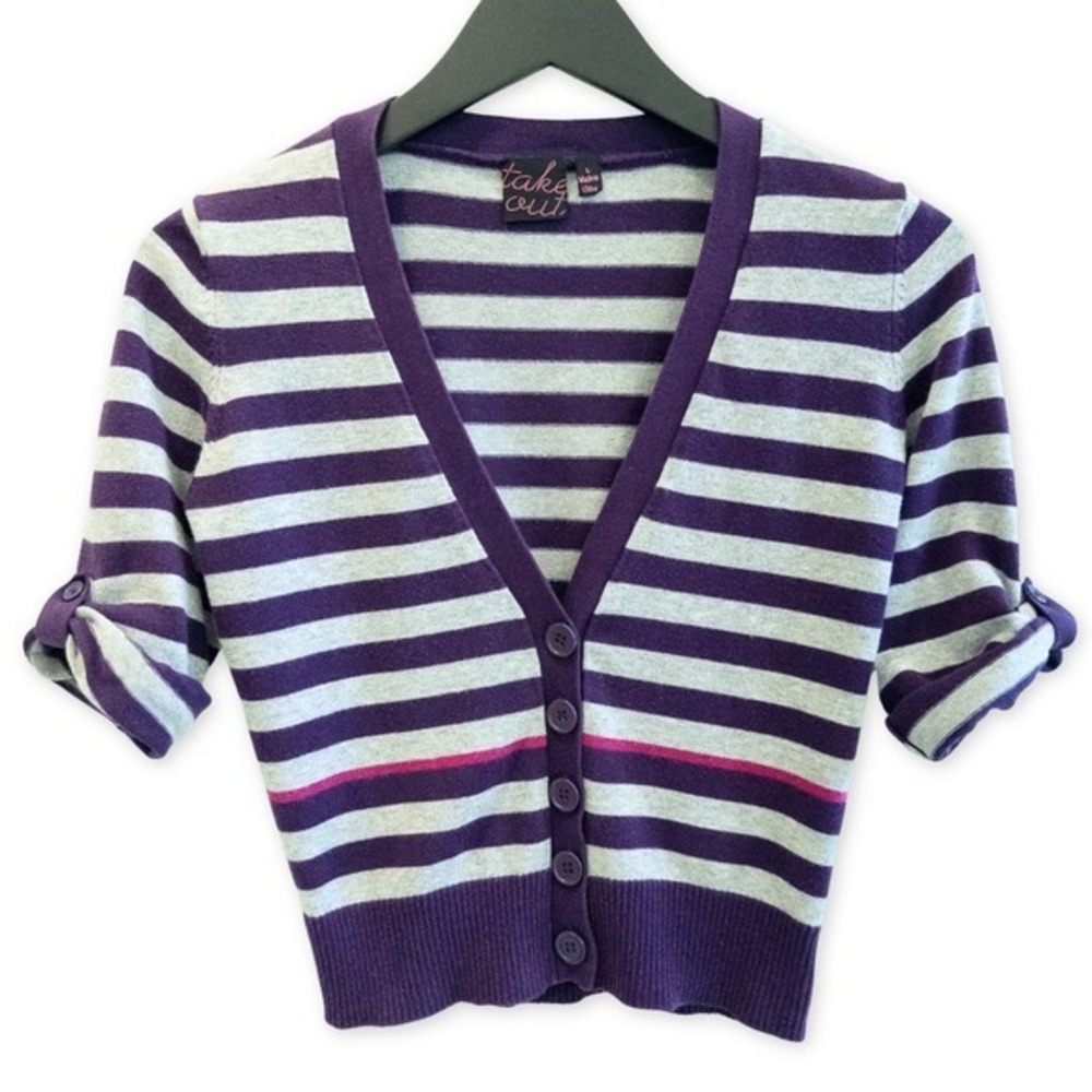 Take Out Girls‎ Striped Cropped Cardigan Sweater Size L Purple Gray Pink